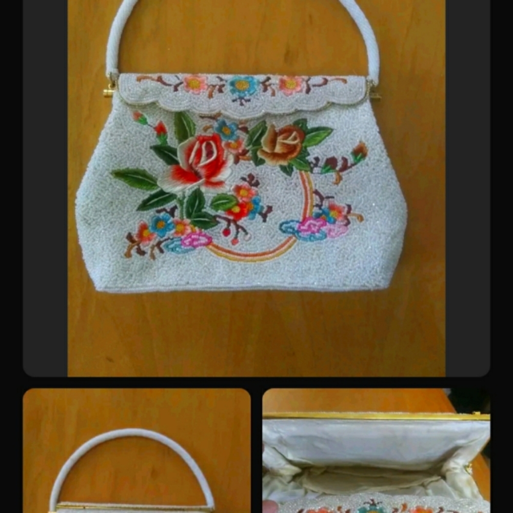 VINTAGE GLASS BEADED MICRO MOSAIC EMBROIDERY ROSES FLORAL PURSE HAND BAG